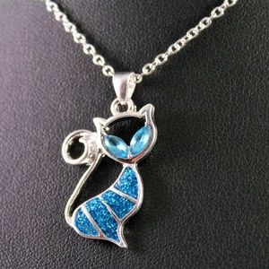Silver Blue Sparkle Kitty Cat Pendant Necklace